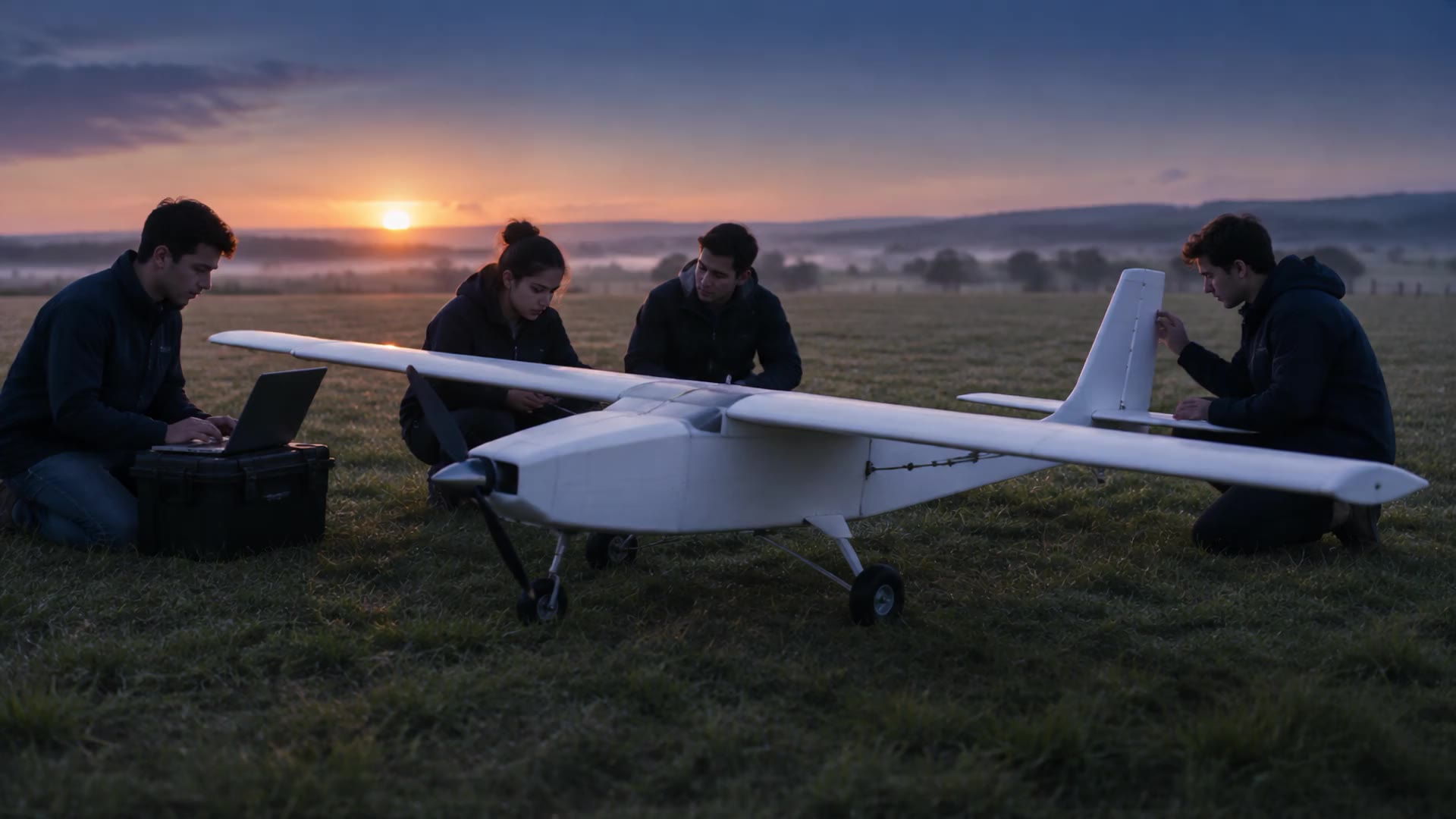 Ilustração: uma equipe universitária prepara um avião de carga numa pista de grama ao amanhecer